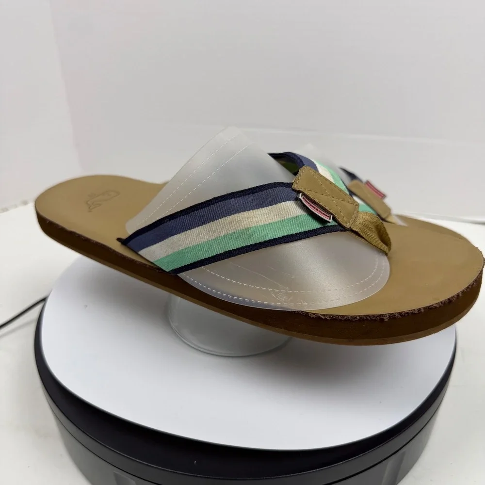 Vineyard Vines Mens Flip Flop Sandals Striped Webbing Tan Navy Green Size 11